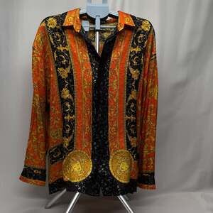 Vintage Monzini Collection Silk Metallic Baroque Button Down Shirt - Medium